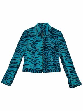 Teal and Black Zebra-Print Leather Jacket